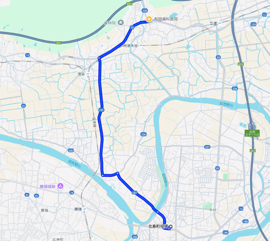北島（北島町役場）からの経路案内　和田歯科医院　地図